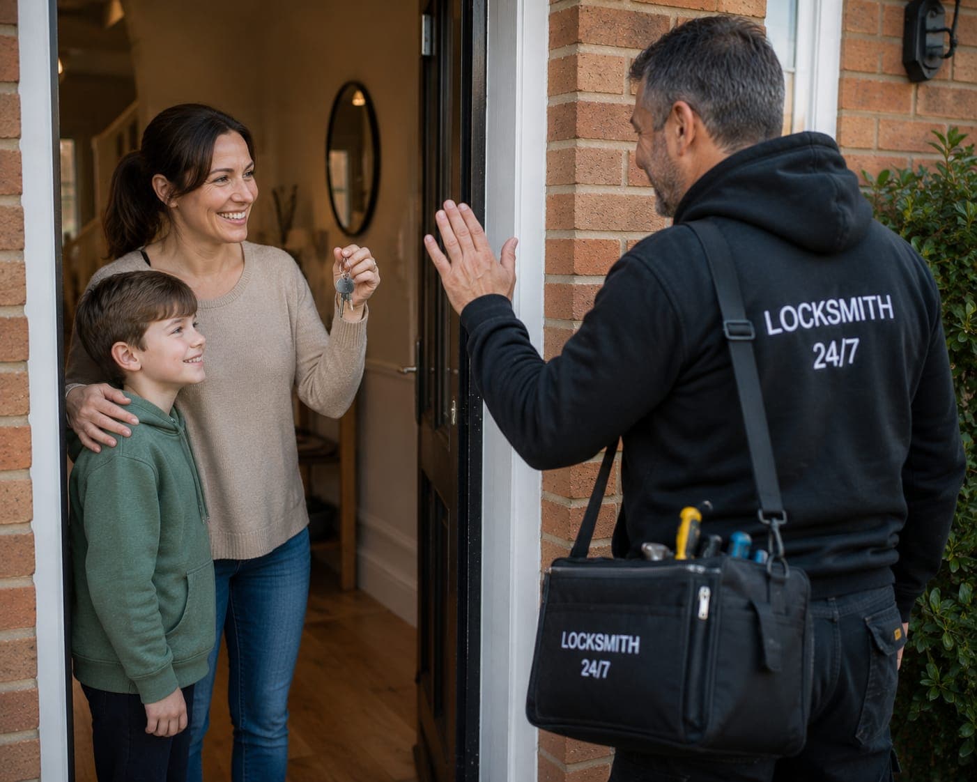 Locksmith welcoming a customer at a residential front door