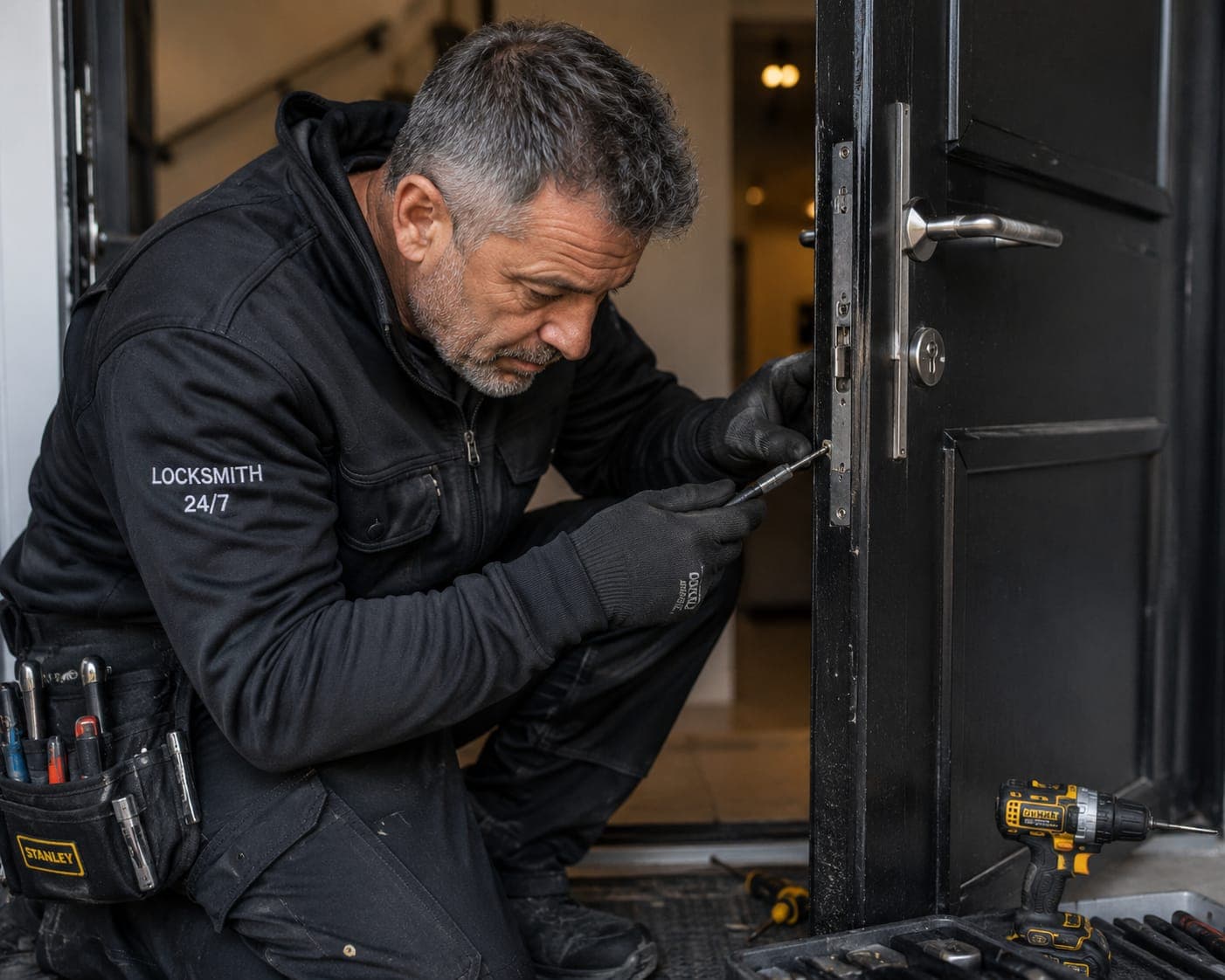 Locksmith working on a door lock
